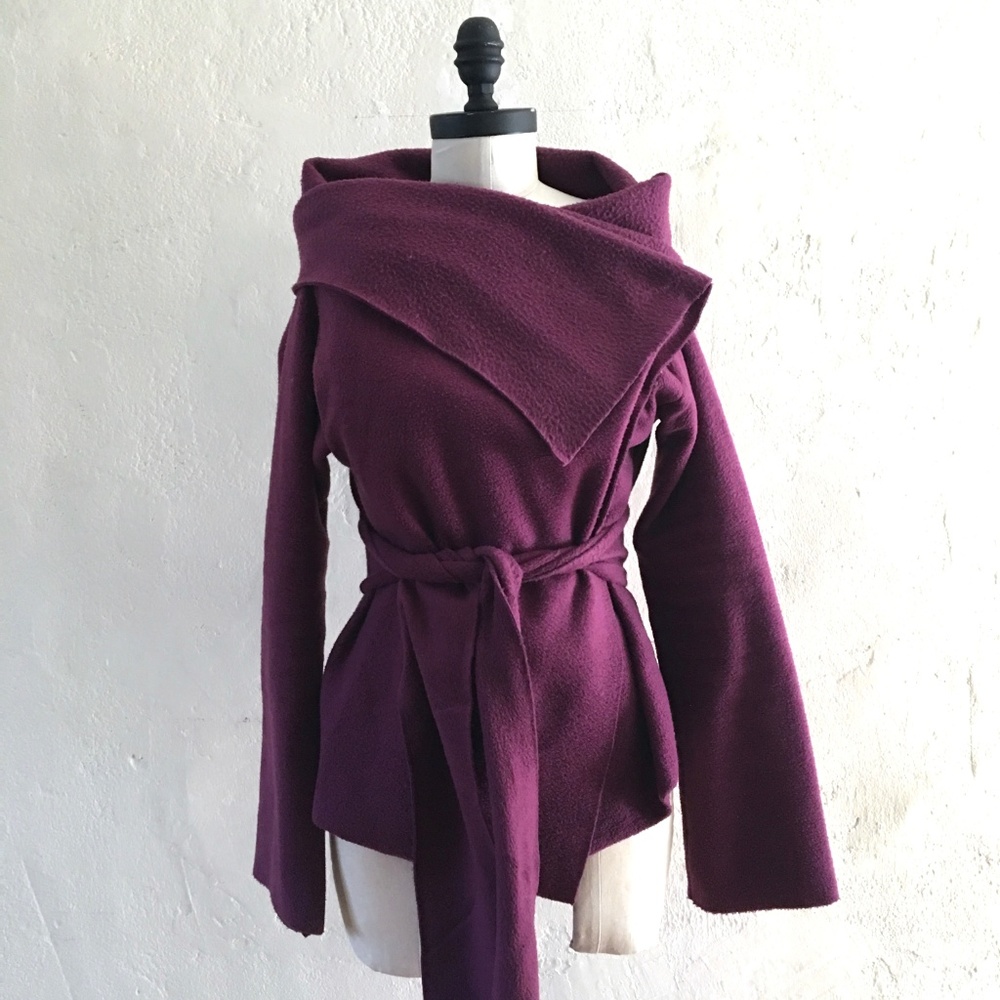 Convertible Belted Collared Fleece Wrap Jacket Cardigan Magenta Purple Versatile